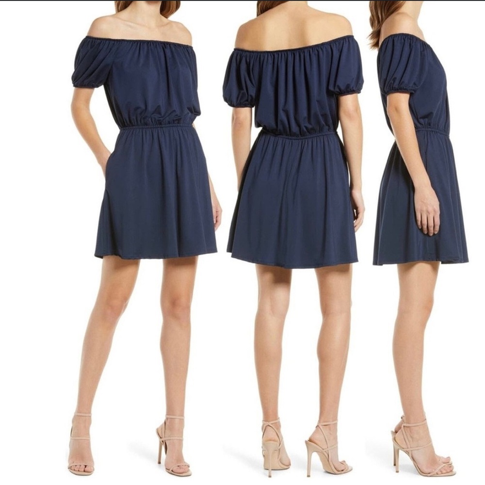 Black Halo Reign Off-The-Shoulder Blouson Dress in Navy